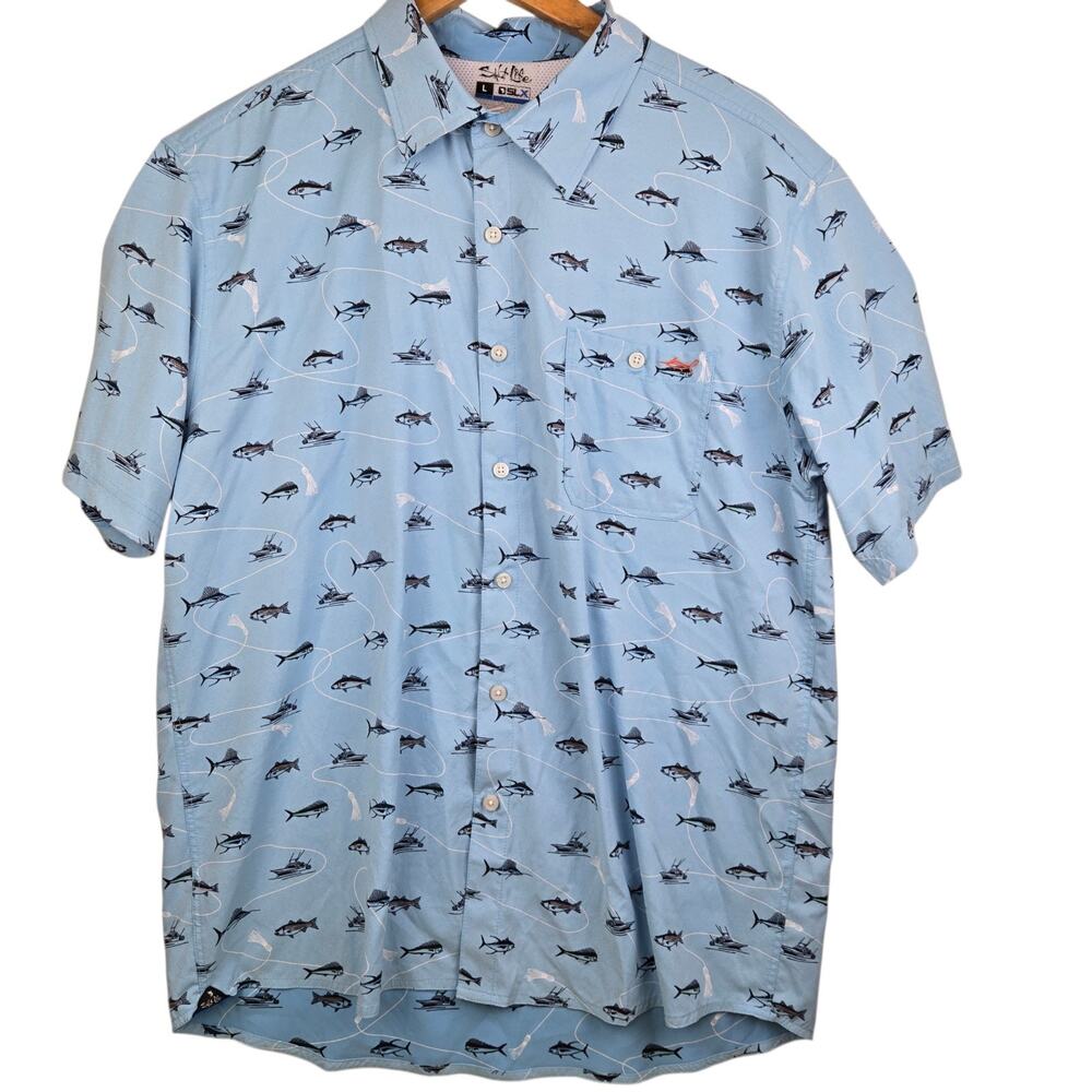 Salt Life Fish Print Shirt Mens Large Button Up‎ Short Sleeve Blue Stretch